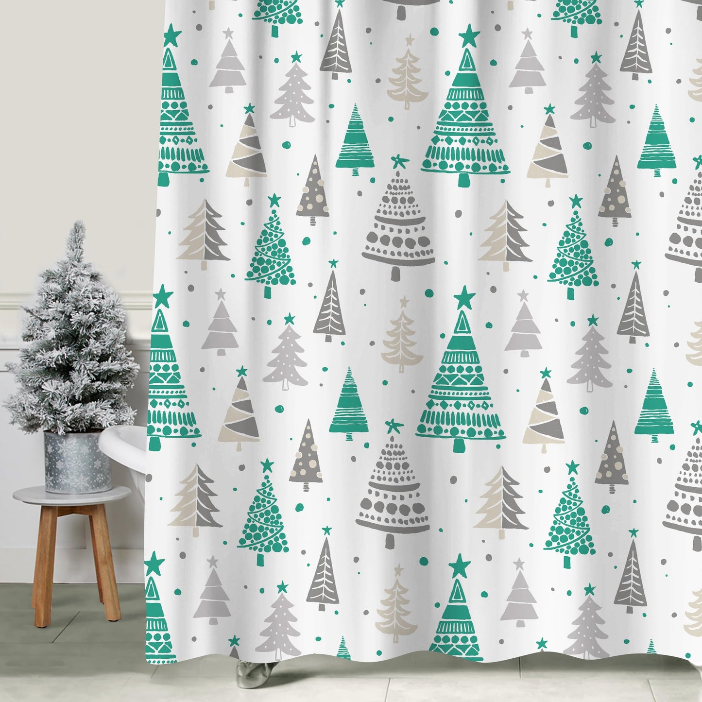 Sunlit Christmas Shower Curtain, Red and Gray Xmas Trees with Stars and Snow Pattern Shower Curtain for Bathroom Decor, 71x71 Inch