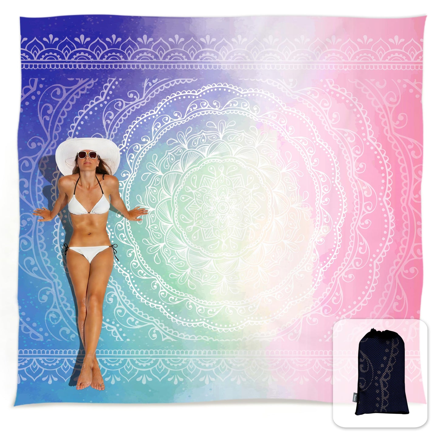 Sunlit Silky Soft Sand Proof Beach Blanket 106"x81" / 85"x72" Sand Proof Mat with Corner Pockets and Mesh Bag for Beach Party, Travel, Camping and Outdoor Music Festival, Mandala