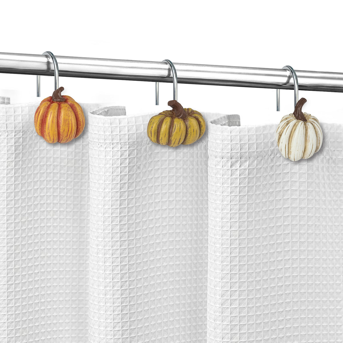 Sunlit Fall Pumpkin Decorative Shower Curtain Hooks, Autumn Harvest Festival Shower Curtain Rings, Resin Farmhouse Bathroom Curtain Hangers Decoration, Set of 12, Orange Blue White