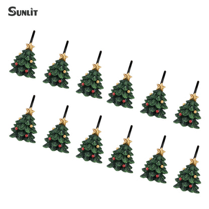Sunlit Christmas Tree Decorative Shower Curtain Hooks with Star, Green Shower Curtain Rings, Resin, Xmas Theme Winter Holiday Bathroom Decoration, Set of 12