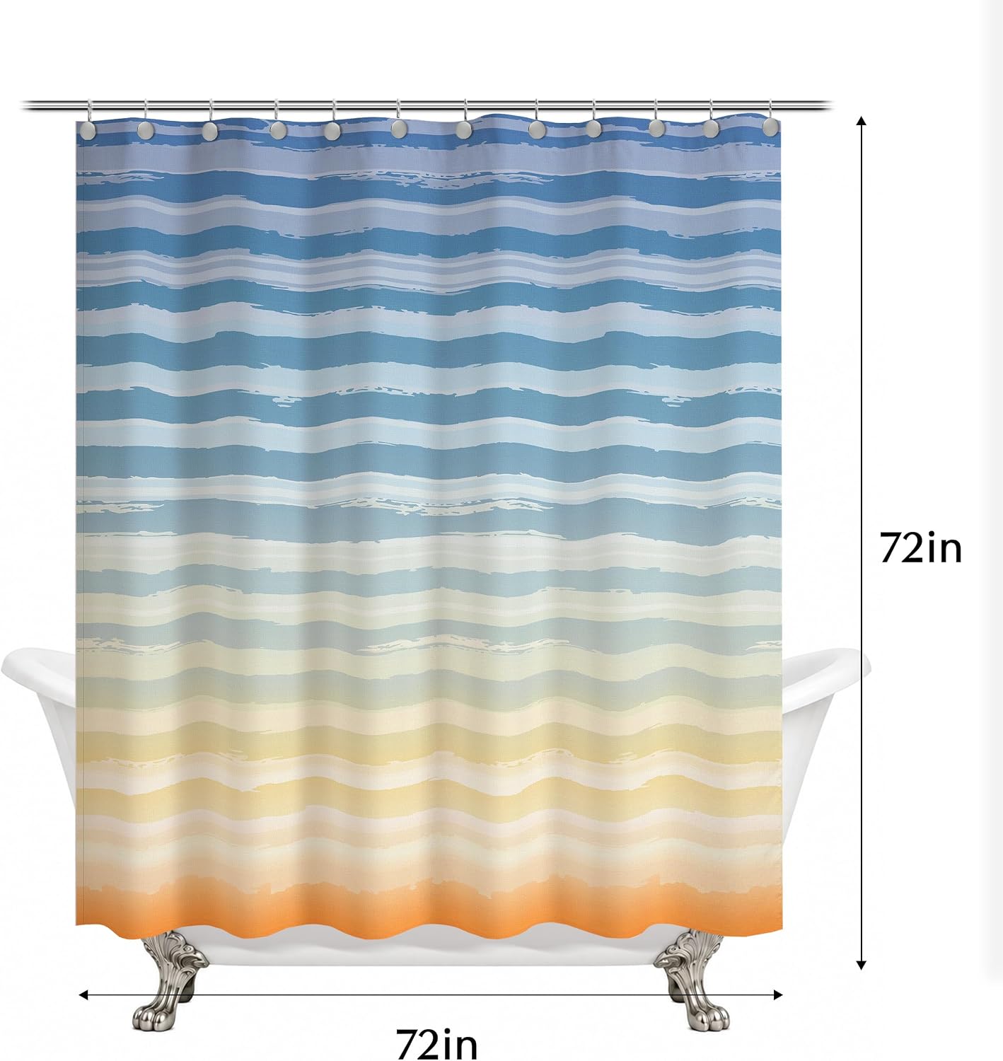 Sunlit Sunset Ombre Striped Shower Curtain, Blue and Orange Textured Slubbed Fabric Shower Curtain for Bathroom Decoration, Gradient Stripe Bathroom Curtain, 72x72