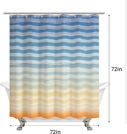 Sunlit Sunset Ombre Striped Shower Curtain, Blue and Orange Textured Slubbed Fabric Shower Curtain for Bathroom Decoration, Gradient Stripe Bathroom Curtain, 72x72