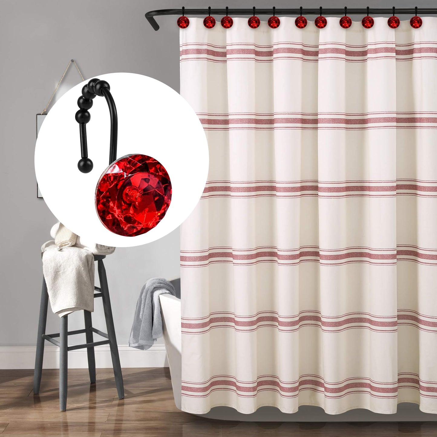 Sunlit Luxury Design Round Clear Diamond Crystal Gem Bling with Glide Balls Double Shower Curtain Hooks, Rust Proof Metal Rhinestones Glam Shower Curtain Rings-12 Pack