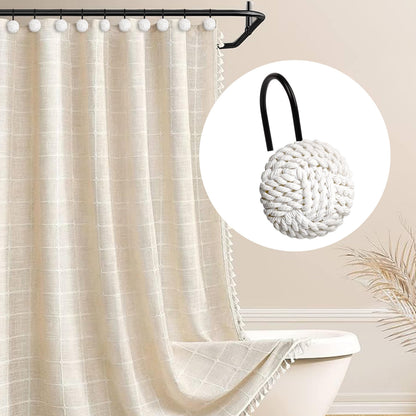 Sunlit Boho Knots Double Shower Curtain Hooks, Home Decorative White Shower Curtain Rings for Bathroom, Seaside Nautical Shower Curtain Hangers Bathroom Accessories, Set of 12