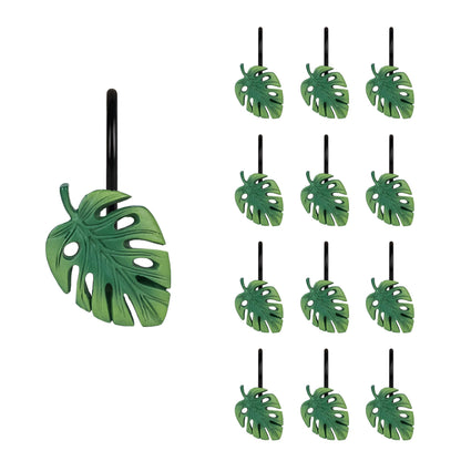 Tropical Leaf Decorative Shower Curtain Hooks, Green Botanical Shower Curtain Rings with Black Hooks, Resin, Monstera Deliciosa Leaves Shower Curtain Hangers for Bathroom, Set of 12