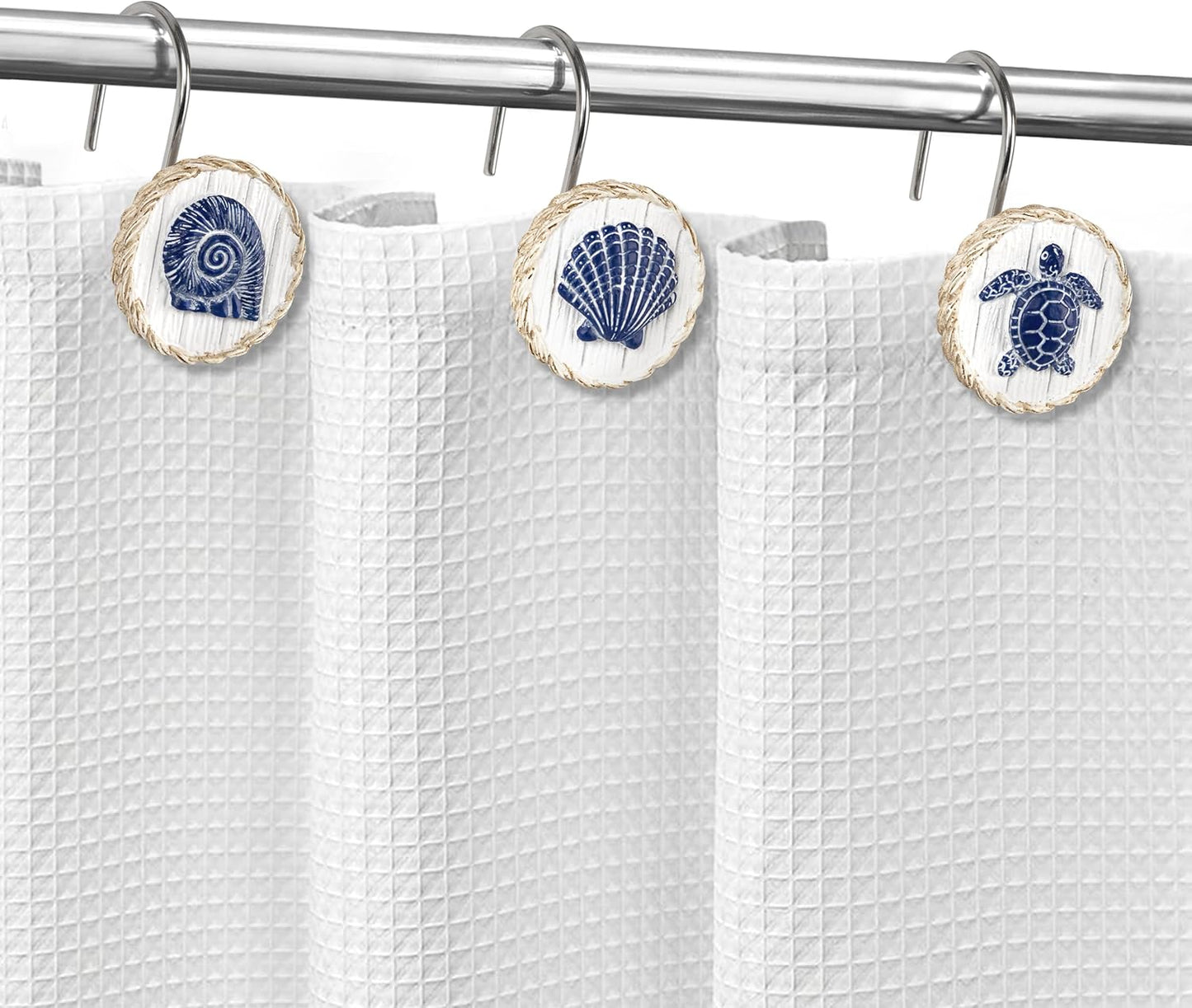 Sunlit Ocean Decorative Shower Curtain Hooks, Sea Turtle Spiral Shell Starfish Conch Shower Curtain Rings, Resin, Nautical Farmhouse Bathroom Decoration Beach Shower Curtain Hooks-12 Pack, Navy