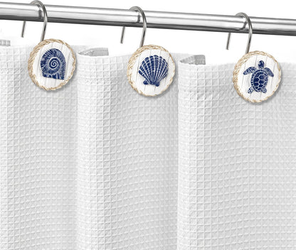 Sunlit Ocean Decorative Shower Curtain Hooks, Sea Turtle Spiral Shell Starfish Conch Shower Curtain Rings, Resin, Nautical Farmhouse Bathroom Decoration Beach Shower Curtain Hooks-12 Pack, Navy