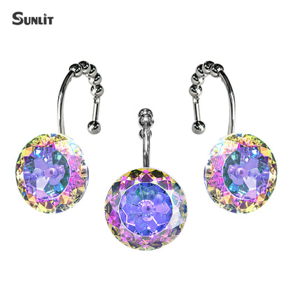 Sunlit Luxury Design Round Clear Diamond Crystal Gem Bling with Glide Balls Double Shower Curtain Hooks, Rust Proof Metal Rhinestones Glam Shower Curtain Rings-12 Pack