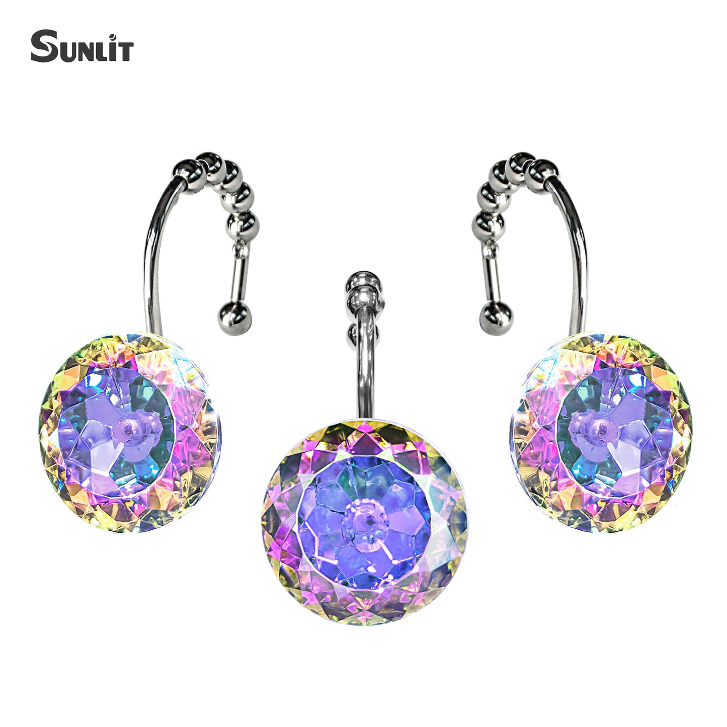 Sunlit Luxury Design Round Yellow Diamond Crystal Gem Bling with Glide Balls Shower Curtain Hooks, Rust Proof Metal Rhinestones Glam Shower Curtain Rings-12 Pack