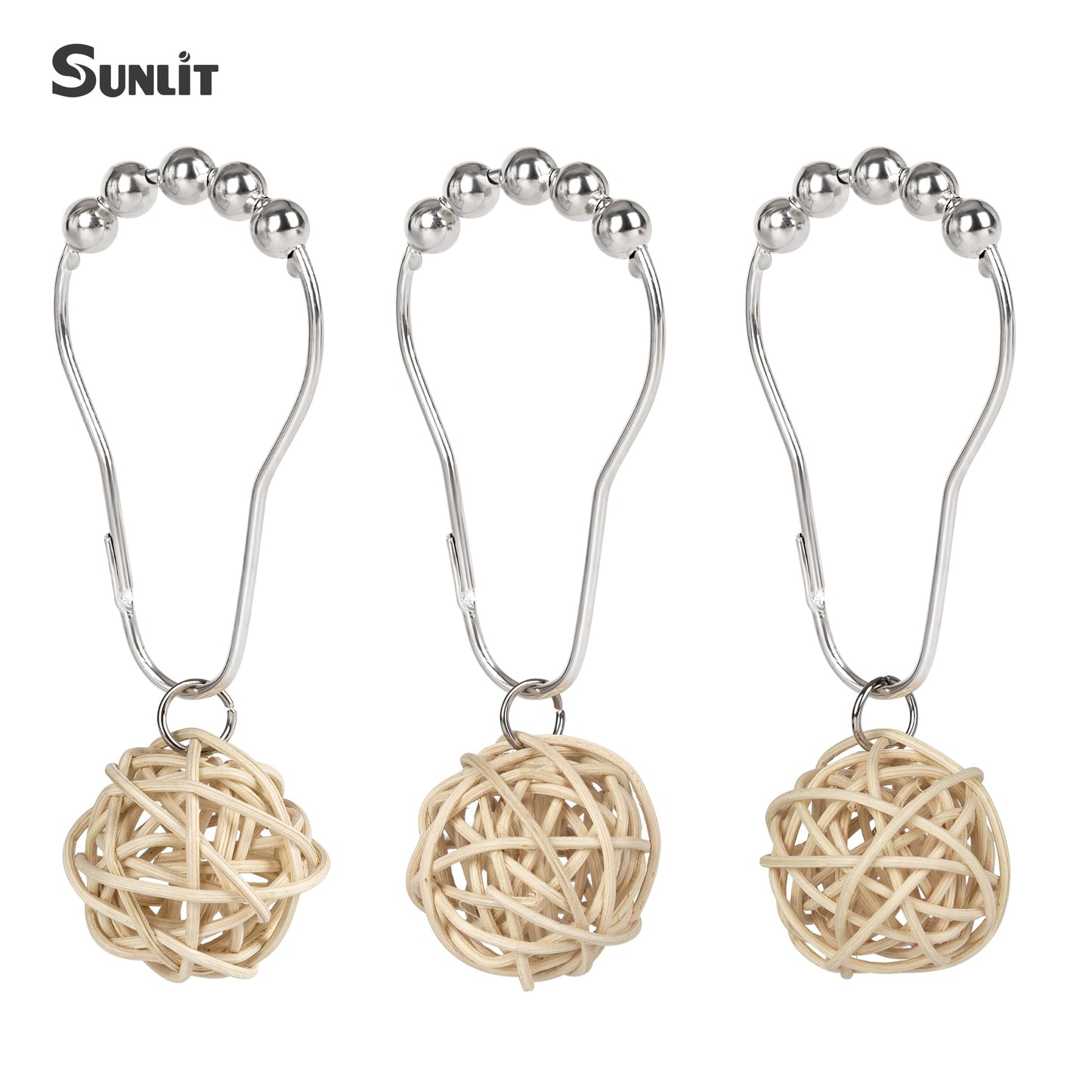 Sunlit Boho Decorative Rattan Balls Shower Curtain Hooks, Wicker Orbs Shower Curtain Rings for Bathroom, Farmhouse Shower Curtain Hangers Bathroom Accessories, Set of 12, Brown