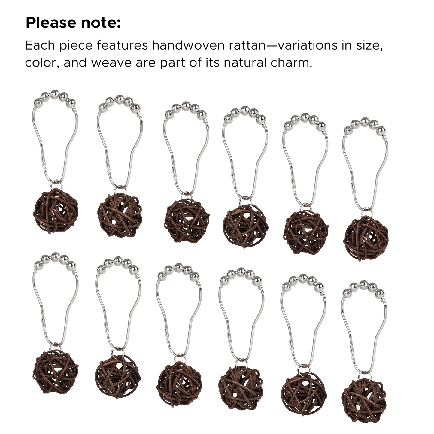 Sunlit Boho Decorative Rattan Balls Shower Curtain Hooks, Wicker Orbs Shower Curtain Rings for Bathroom, Farmhouse Shower Curtain Hangers Bathroom Accessories, Set of 12, Brown
