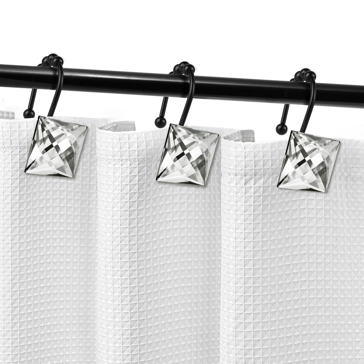 Sunlit Square Rhinestone Shower Curtain Hooks with Glide Balls, 12 Pack