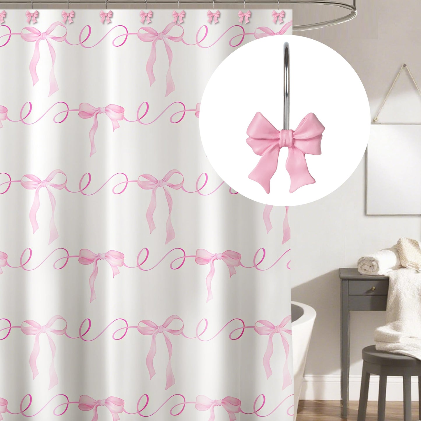 Sunlit Cute Bow Knot Shower Curtain Hooks, Home Decorative Shower Curtain Rings for Bathroom, Resin Shower Curtain Hangers Bathroom Accessories, Set of 12, Pink