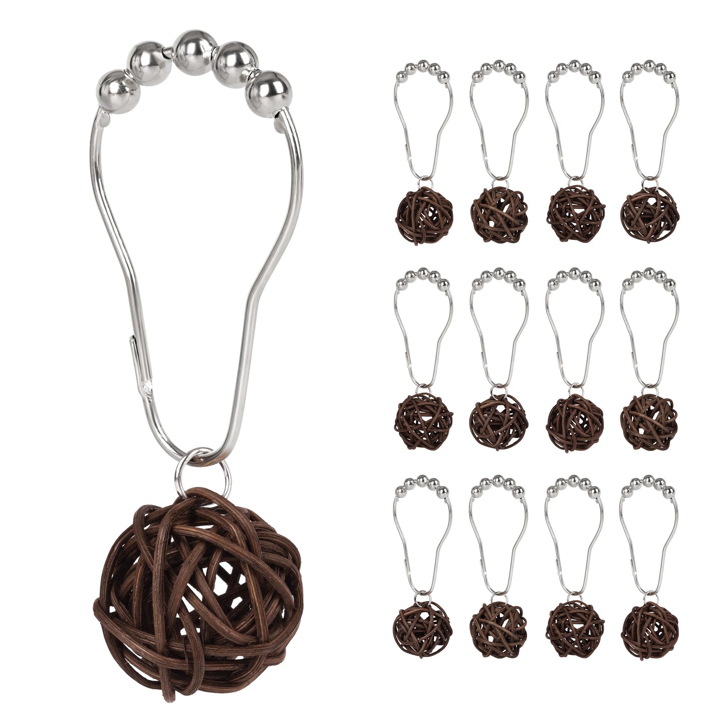Sunlit Boho Decorative Rattan Balls Shower Curtain Hooks, Wicker Orbs Shower Curtain Rings for Bathroom, Farmhouse Shower Curtain Hangers Bathroom Accessories, Set of 12, Brown