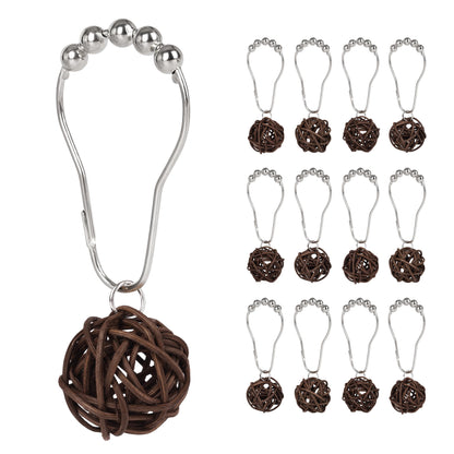 Sunlit Boho Decorative Rattan Balls Shower Curtain Hooks, Wicker Orbs Shower Curtain Rings for Bathroom, Farmhouse Shower Curtain Hangers Bathroom Accessories, Set of 12, Brown