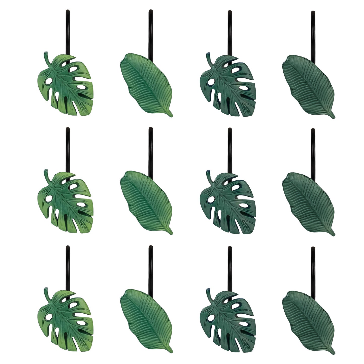Tropical Leaf Decorative Shower Curtain Hooks, Green Botanical Shower Curtain Rings with Black Hooks, Resin, Monstera Deliciosa Leaves Shower Curtain Hangers for Bathroom, Set of 12