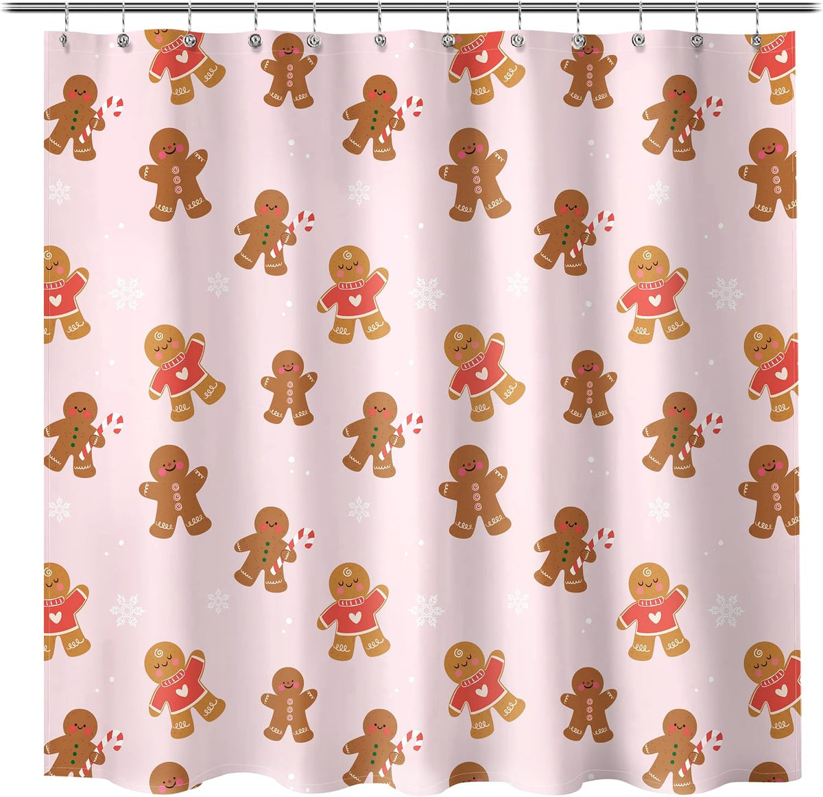 Sunlit Christmas Shower Curtain, Pink Holiday Gingerbread Men with Candy Canes and Snowflakes Cute Xmas Cookie Pattern, Festive Bathroom Fabric Shower Curtain, Home Decor Tapestry, 72" x 72"