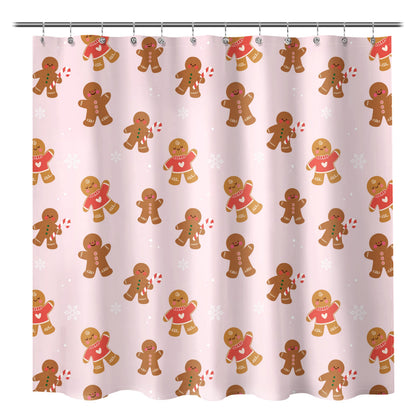 Sunlit Christmas Shower Curtain, Pink Holiday Gingerbread Men with Candy Canes and Snowflakes Cute Xmas Cookie Pattern, Festive Bathroom Fabric Shower Curtain, Home Decor Tapestry, 72" x 72"
