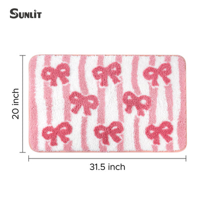 Sunlit Cute Bow Bathroom Rugs 32x20, Coquette Pink Bow Rug for Bedroom, Extra Soft Super Absorbent Bath Mat Quick Dry, Shaggy Bath Rug Non-Slip Washable Bathroom Floor Mat, Pink Stripe