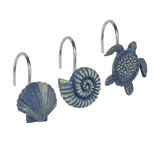 Sunlit Seashells Decorative Shower Curtain Hooks, Blue Scallop Nautilus & Sea Turtle Shower Curtain Rings, Resin, Nautical Bathroom Decoration Beach Shower Curtain Hooks-12 Pack