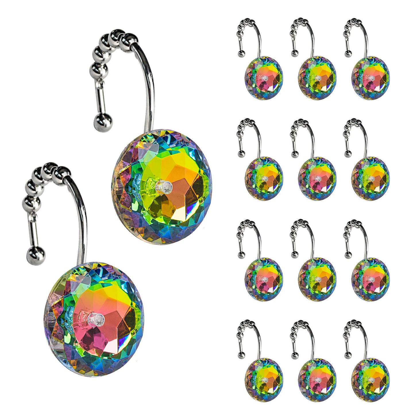 Sunlit Luxury Design Round Clear Diamond Crystal Gem Bling with Glide Balls Double Shower Curtain Hooks, Rust Proof Metal Rhinestones Glam Shower Curtain Rings-12 Pack