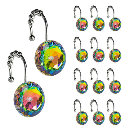 Sunlit Luxury Design Round Clear Diamond Crystal Gem Bling with Glide Balls Double Shower Curtain Hooks, Rust Proof Metal Rhinestones Glam Shower Curtain Rings-12 Pack