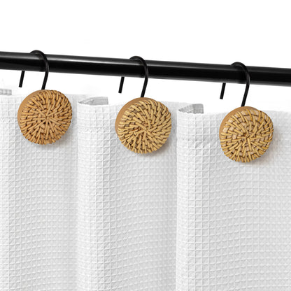 Sunlit Boho Decorative Shower Curtain Hooks, Woven Wicker Ratten Beige Shower Curtain Rings for Bathroom, Farmhouse Shower Curtain Hangers Bathroom Accessories, Set of 12