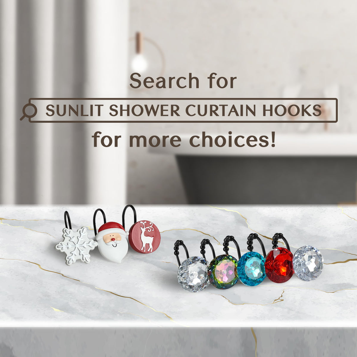 Sunlit Christmas Shower Curtain Hooks Winter Decorative Shower Curtain Rings, Silver Snowflakes and Reindeer, Resin, White Red Winter Bathroom Decoration - 12 Pack