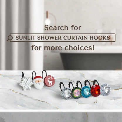 Sunlit Christmas Shower Curtain Hooks Winter Decorative Shower Curtain Rings, Silver Snowflakes and Reindeer, Resin, White Red Winter Bathroom Decoration - 12 Pack