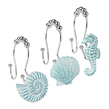 Sunlit Seashells Decorative Shower Curtain Hooks, Aqua Blue Ocean Creatures Coastal Shower Curtain Rings with Black Hooks, Resin, Nautical Bathroom Decoration Beach Shower Curtain Hooks, Set of 12