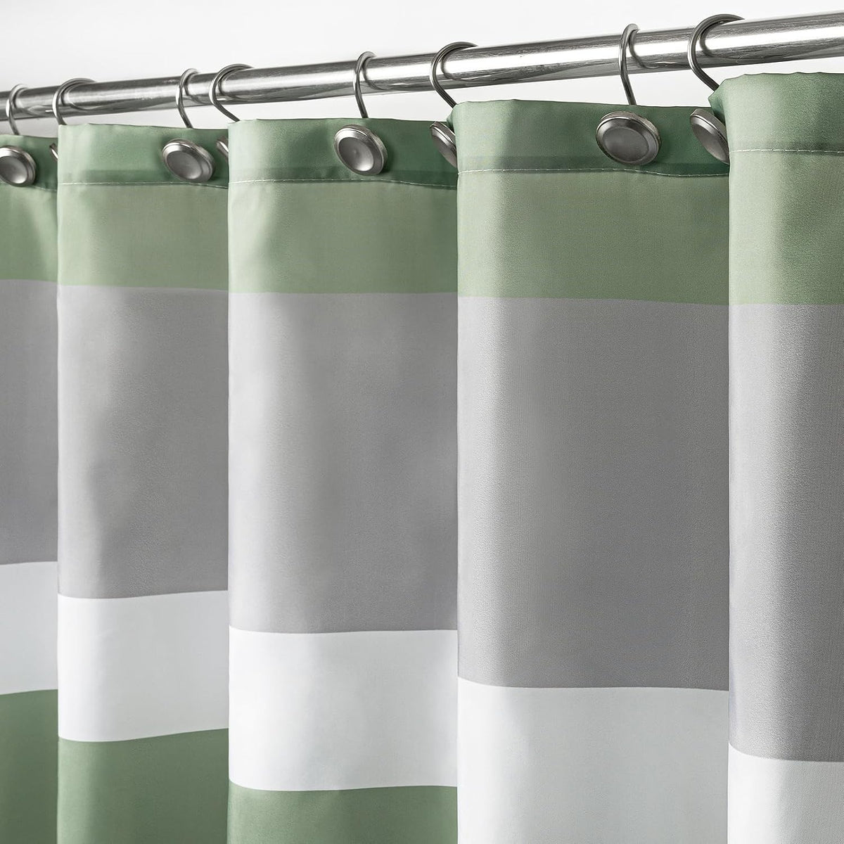 Sunlit Sage Green Gray Horizontal Stripes Water-Repellent Fabric Shower Curtain with Reinforced Metal Grommets Refreshing Striped Design Bathroom Decor, 72x72