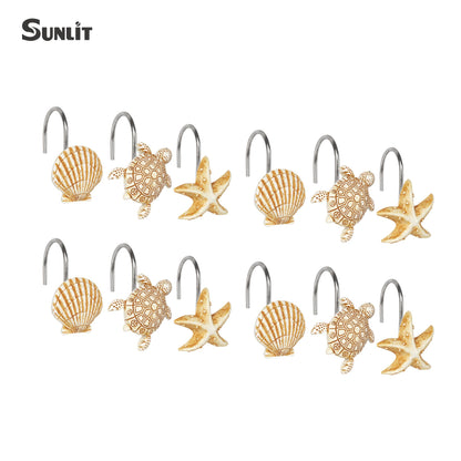 Sunlit Seashells Decorative Shower Curtain Hooks, Scallop Nautilus & Seahorse Shower Curtain Rings, Seashell Blush, Resin, Nautical Bathroom Decoration Beach Shower Curtain Hooks-12 Pack