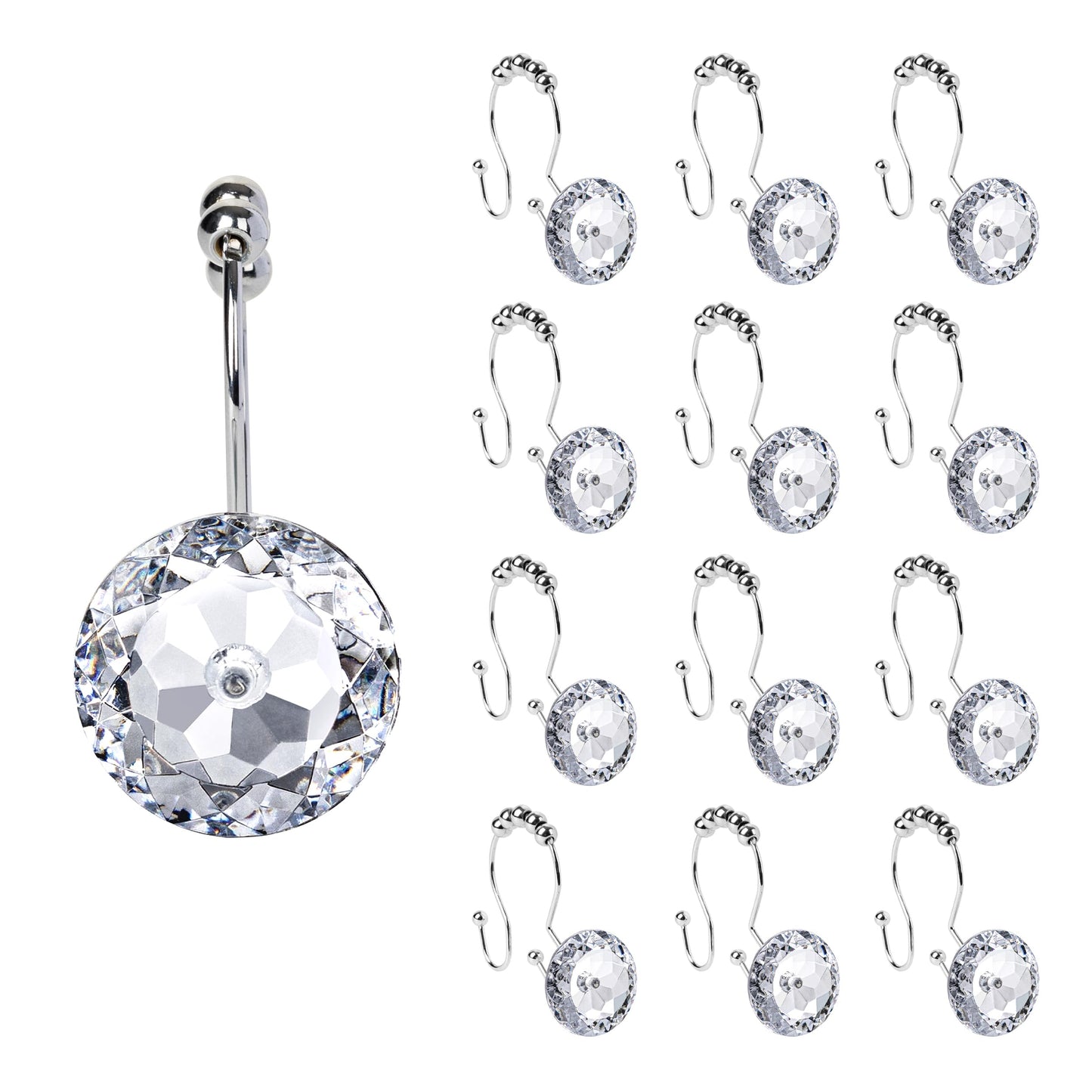 Sunlit Luxury Design Round Yellow Diamond Crystal Gem Bling with Glide Balls Shower Curtain Hooks, Rust Proof Metal Rhinestones Glam Shower Curtain Rings-12 Pack