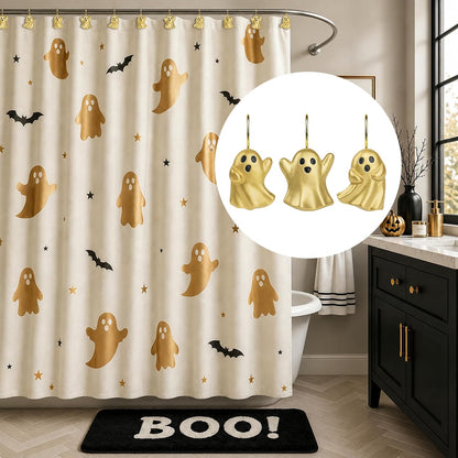 Sunlit Ghost Shower Curtain Hooks, Home Decorative Shower Curtain Rings for Bathroom, Halloween Shower Curtain Hangers Bathroom Accessories, Set of 12, Golden