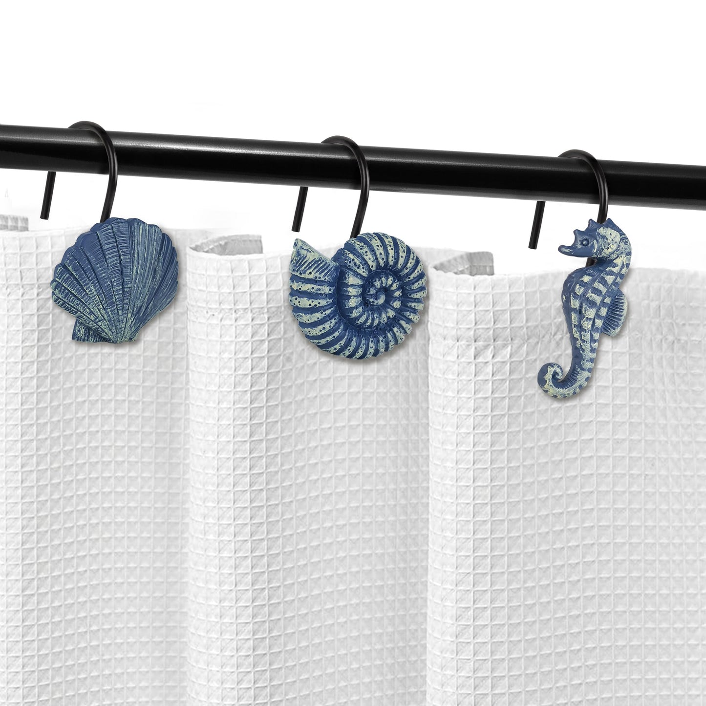 Sunlit Seashells Decorative Shower Curtain Hooks, Aqua Blue Ocean Creatures Coastal Shower Curtain Rings with Black Hooks, Resin, Nautical Bathroom Decoration Beach Shower Curtain Hooks, Set of 12