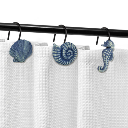 Sunlit Seashells Decorative Shower Curtain Hooks, Aqua Blue Ocean Creatures Coastal Shower Curtain Rings with Black Hooks, Resin, Nautical Bathroom Decoration Beach Shower Curtain Hooks, Set of 12