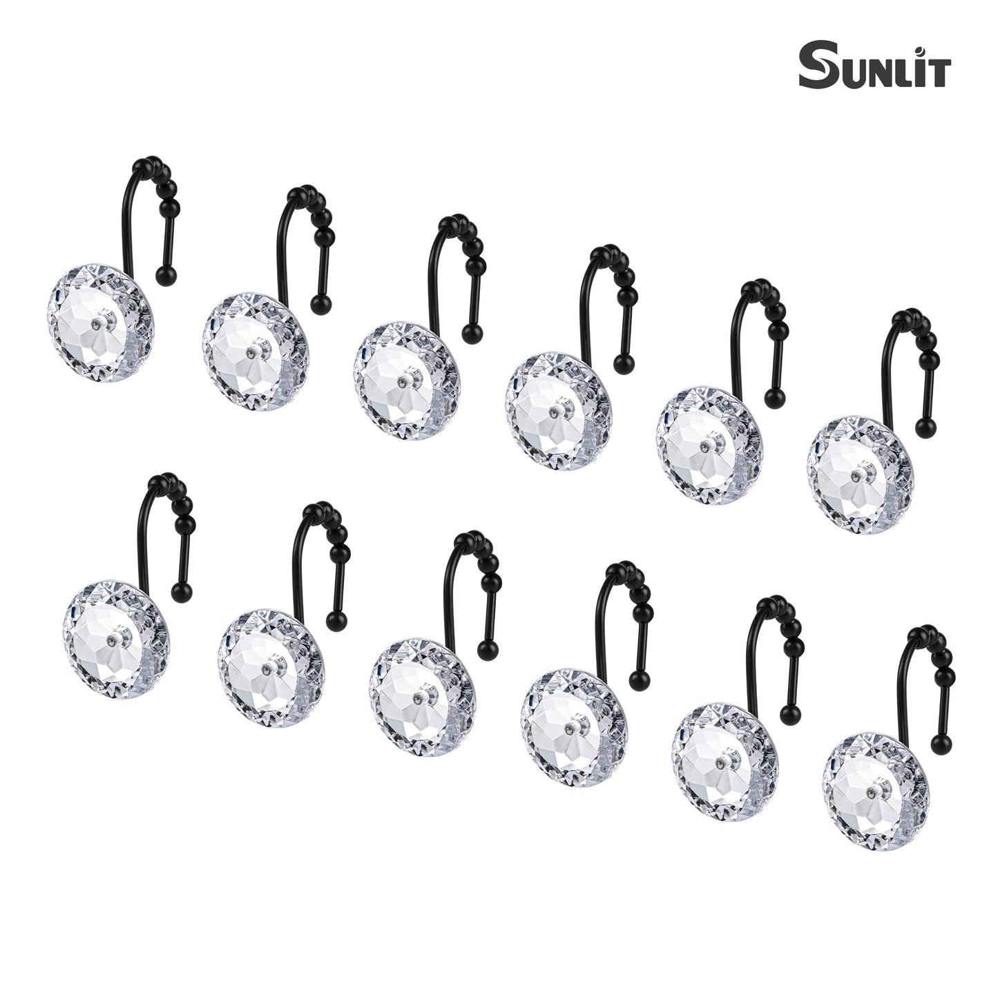 Sunlit Luxury Design Round Clear Diamond Crystal Gem Bling with Glide Balls Double Shower Curtain Hooks, Rust Proof Metal Rhinestones Glam Shower Curtain Rings-12 Pack