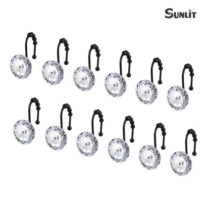 Sunlit Luxury Design Round Yellow Diamond Crystal Gem Bling with Glide Balls Shower Curtain Hooks, Rust Proof Metal Rhinestones Glam Shower Curtain Rings-12 Pack