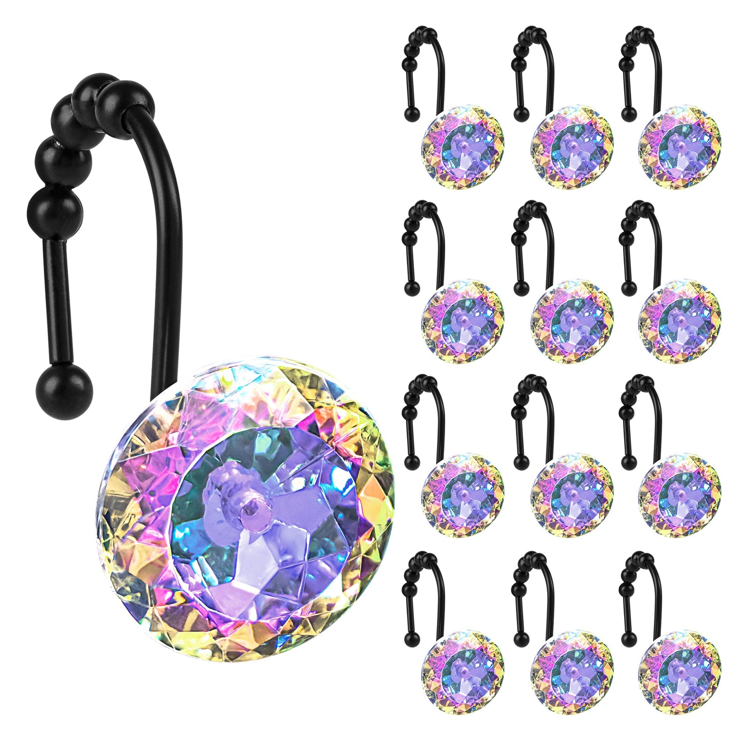 Sunlit Luxury Design Round Yellow Diamond Crystal Gem Bling with Glide Balls Shower Curtain Hooks, Rust Proof Metal Rhinestones Glam Shower Curtain Rings-12 Pack