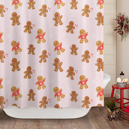Sunlit Christmas Shower Curtain, Pink Holiday Gingerbread Men with Candy Canes and Snowflakes Cute Xmas Cookie Pattern, Festive Bathroom Fabric Shower Curtain, Home Decor Tapestry, 72" x 72"