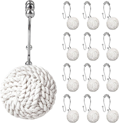 Sunlit Boho Knots Double Shower Curtain Hooks, Home Decorative White Shower Curtain Rings for Bathroom, Seaside Nautical Shower Curtain Hangers Bathroom Accessories, Set of 12