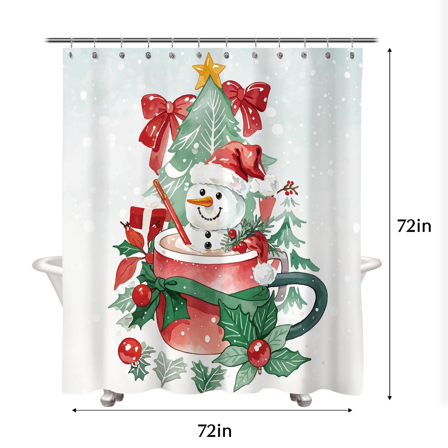 Sunlit Christmas Shower Curtain, Red Mug Hot Cocoa with Snowman Marshmallows and Gingerbread Cookies, Whimsical Holiday Scene Festive Bathroom Fabric Shower Curtain, Home Decor Tapestry, 72" x 72"