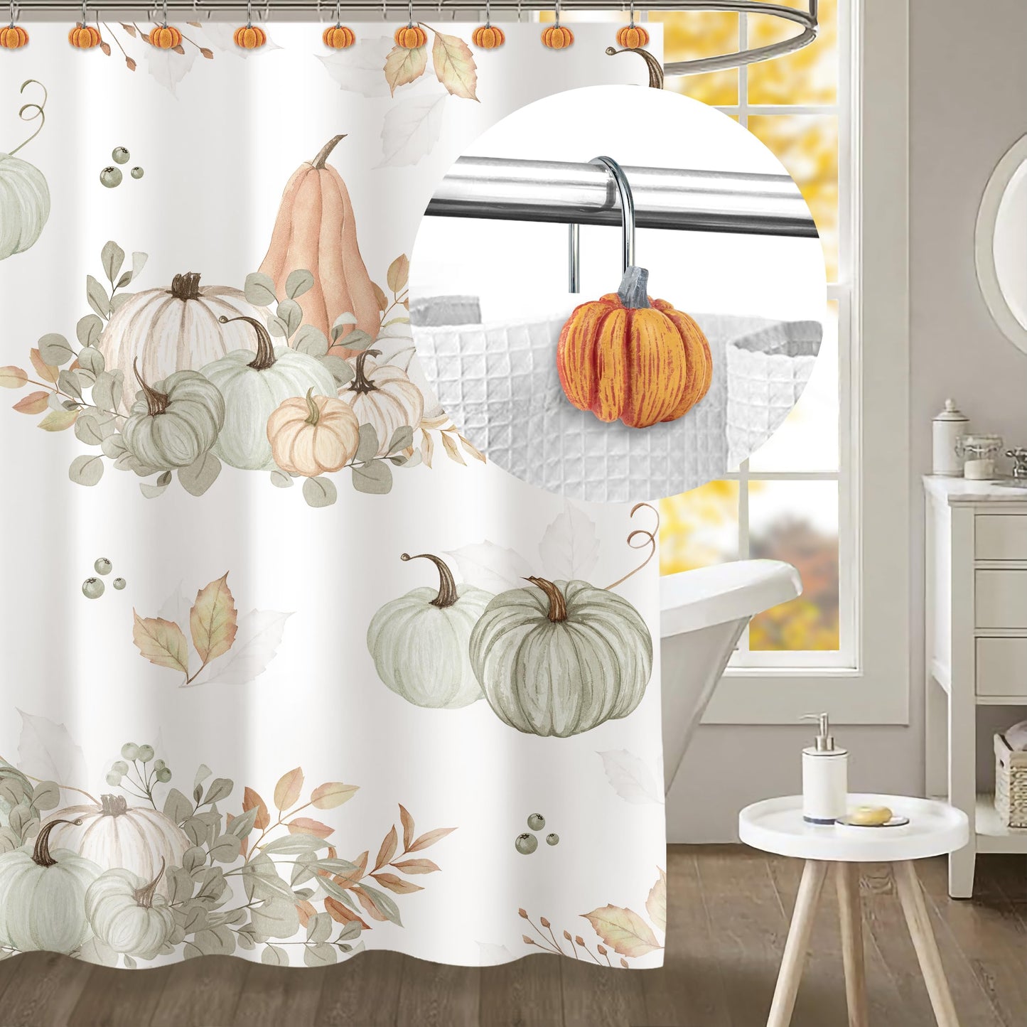 Sunlit Fall Pumpkin Decorative Shower Curtain Hooks, Autumn Harvest Festival Shower Curtain Rings, Resin, Orange Farmhouse Bathroom Curtain Hangers Decoration, Set of 12