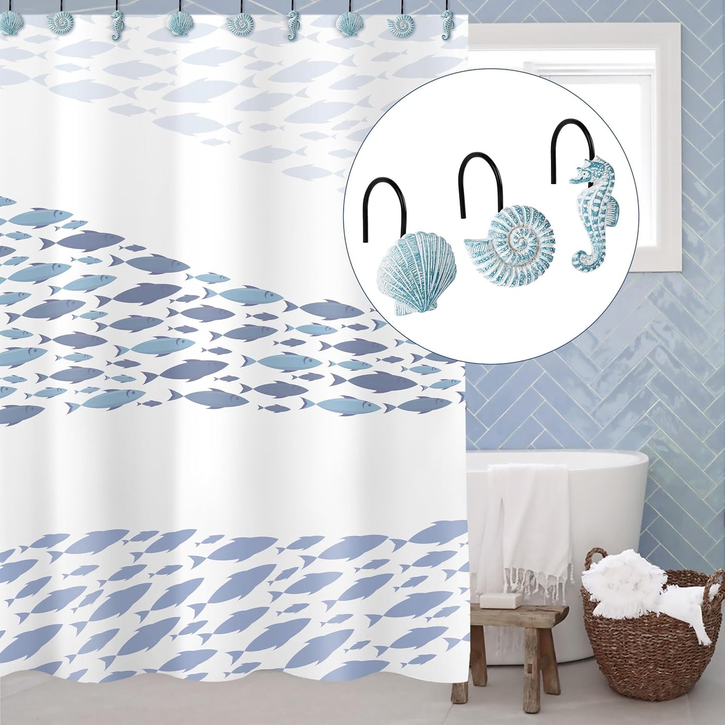 Sunlit Seashells Decorative Shower Curtain Hooks, Aqua Blue Ocean Creatures Coastal Shower Curtain Rings with Black Hooks, Resin, Nautical Bathroom Decoration Beach Shower Curtain Hooks, Set of 12