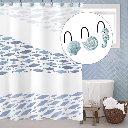 Sunlit Seashells Decorative Shower Curtain Hooks, Aqua Blue Ocean Creatures Coastal Shower Curtain Rings with Black Hooks, Resin, Nautical Bathroom Decoration Beach Shower Curtain Hooks, Set of 12