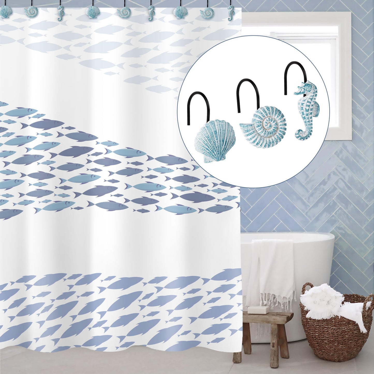 Sunlit Seashells Decorative Shower Curtain Hooks, Blue Ocean Creatures Coastal Shower Curtain Rings with Black Hooks, Resin, Nautical Bathroom Decoration Beach Shower Curtain Hooks, Set of 12