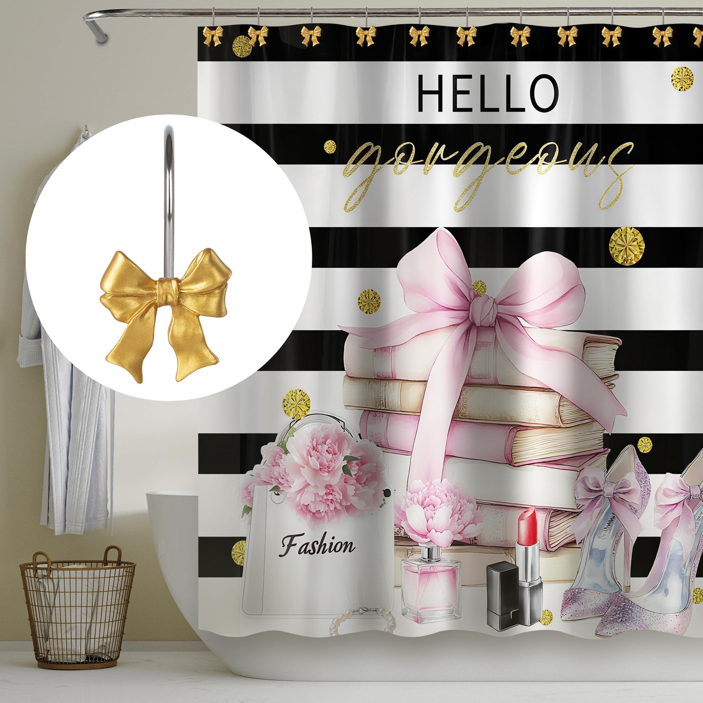 Sunlit Cute Bow Knot Shower Curtain Hooks, Home Decorative Shower Curtain Rings for Bathroom, Resin Shower Curtain Hangers Bathroom Accessories, Set of 12, Pink