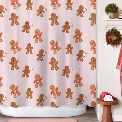 Sunlit Christmas Shower Curtain, Pink Holiday Gingerbread Men with Candy Canes and Snowflakes Cute Xmas Cookie Pattern, Festive Bathroom Fabric Shower Curtain, Home Decor Tapestry, 72" x 72"