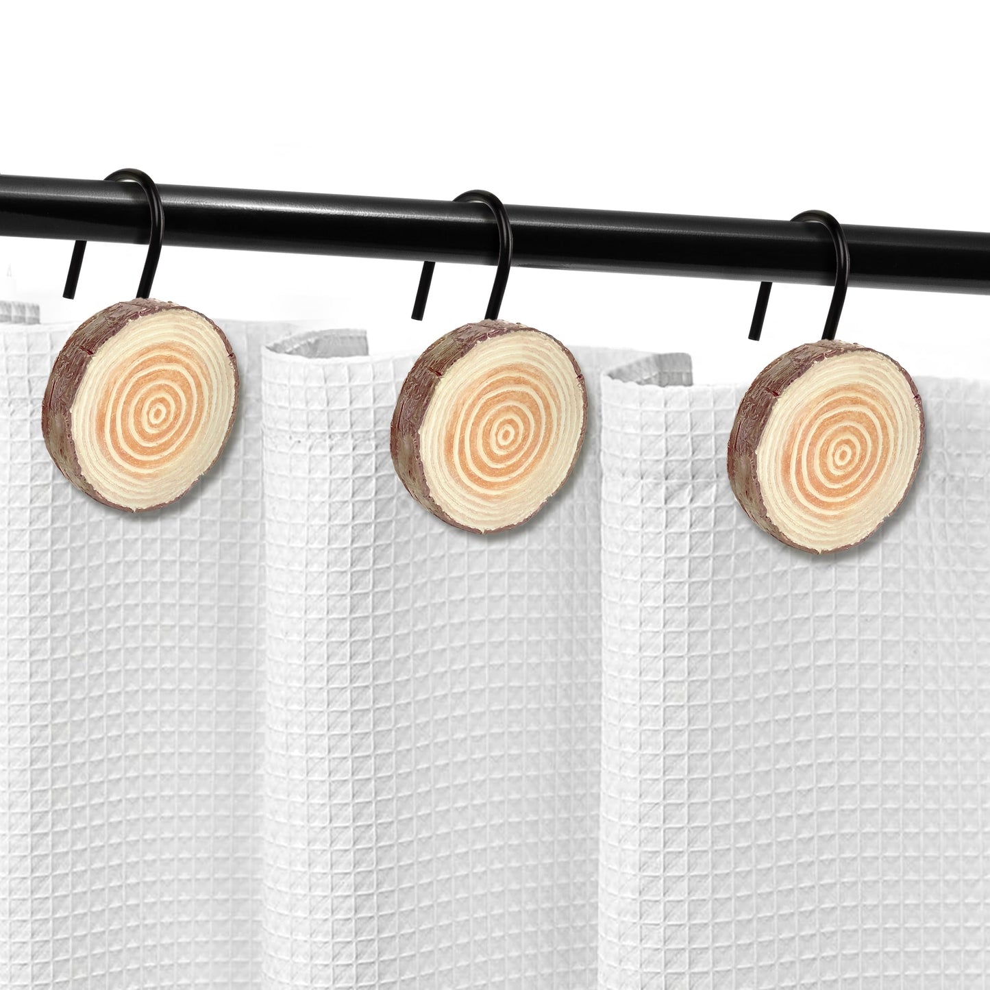 Sunlit Farmhouse Wooden Slices Shower Curtain Hooks, Rustic Home Decorative Shower Curtain Rings with Black Hooks for Bathroom, Resin Shower Curtain Hangers Bathroom Accessories, Set of 12
