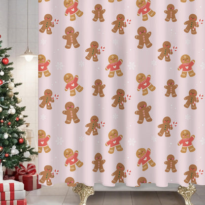 Sunlit Christmas Shower Curtain, Pink Holiday Gingerbread Men with Candy Canes and Snowflakes Cute Xmas Cookie Pattern, Festive Bathroom Fabric Shower Curtain, Home Decor Tapestry, 72" x 72"